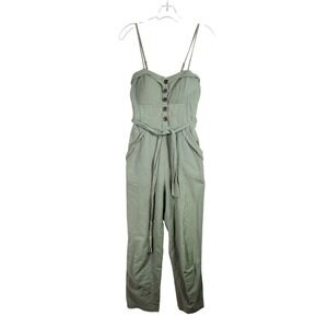 Mind Code Jumpsuit Women Small S Green Cotton Button Front Tie Waist Boho Casual